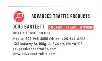 A business card for advanced traffic products.