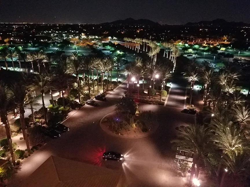 A view of the night time lights from above.